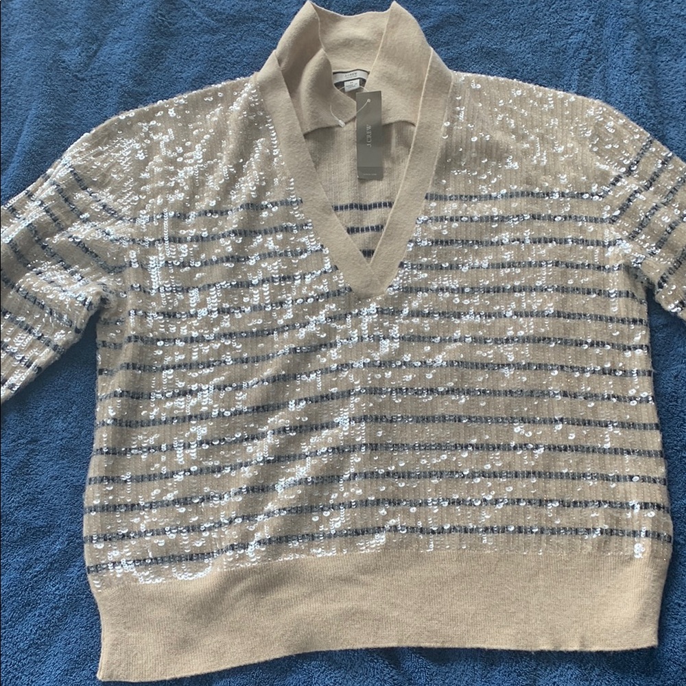 J. Crew Beige and Silver Sequin V-Neck Sweater